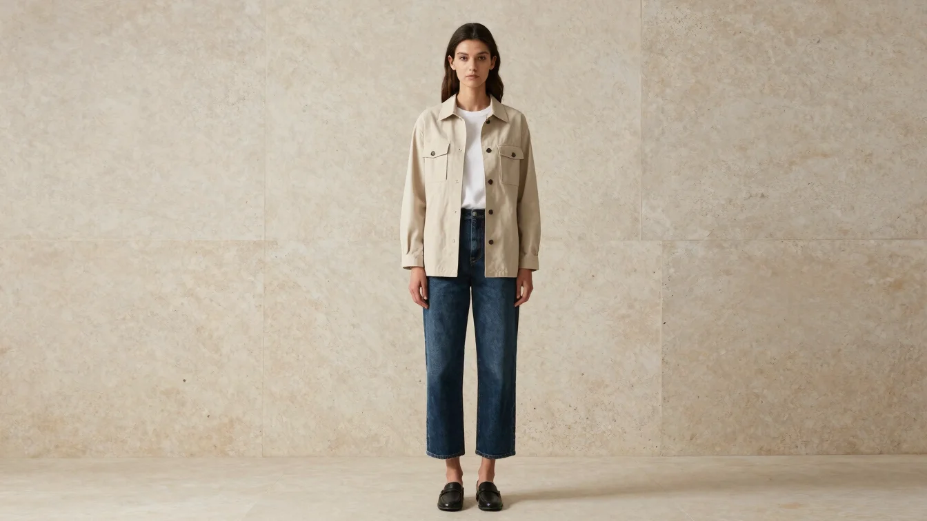 Editorial fashion photograph of a full women's outfit on a neutra