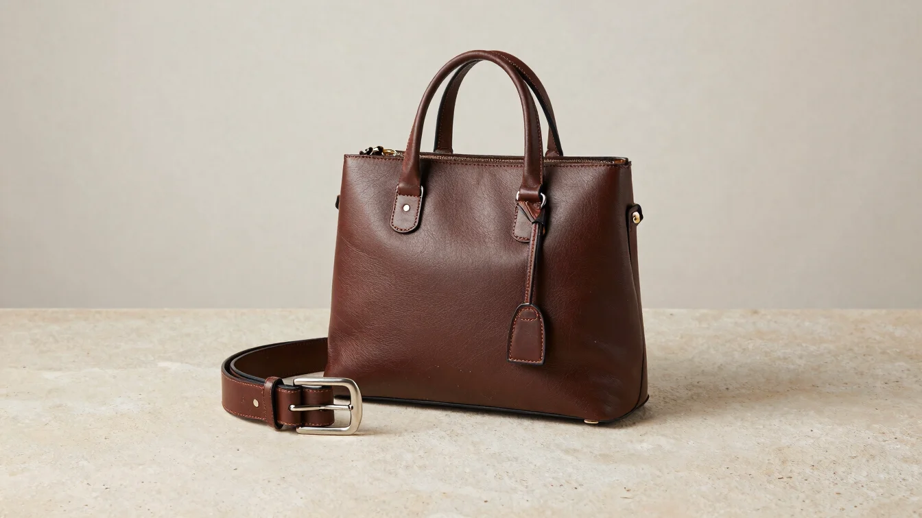 Close editorial product photograph of a leather bag and belt on a