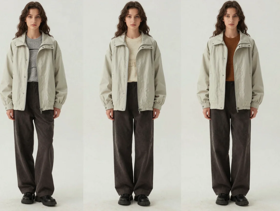 Editorial lookbook photograph of a styled layered outfit with a l