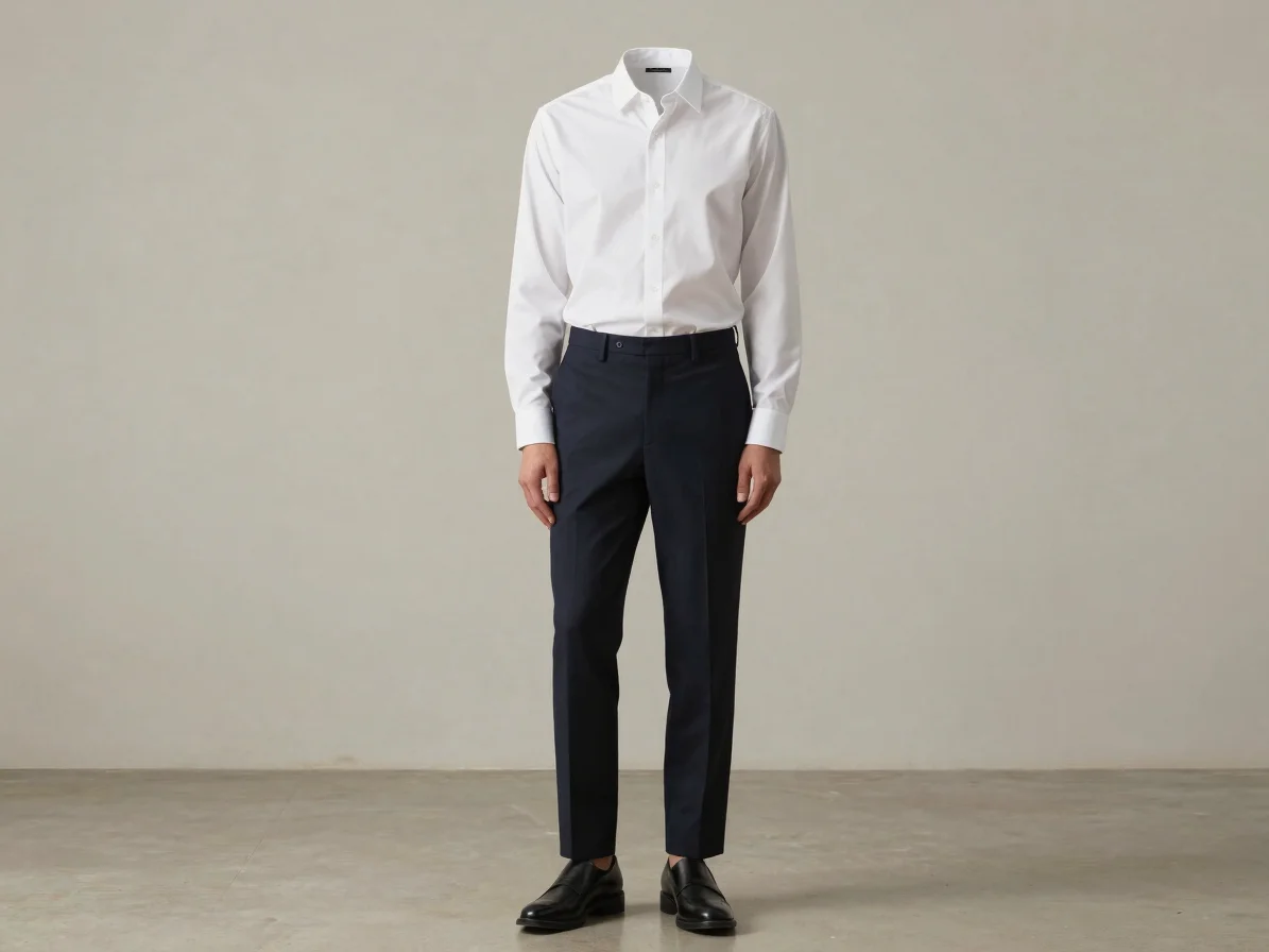 Editorial lookbook photograph of a full outfit with trousers and