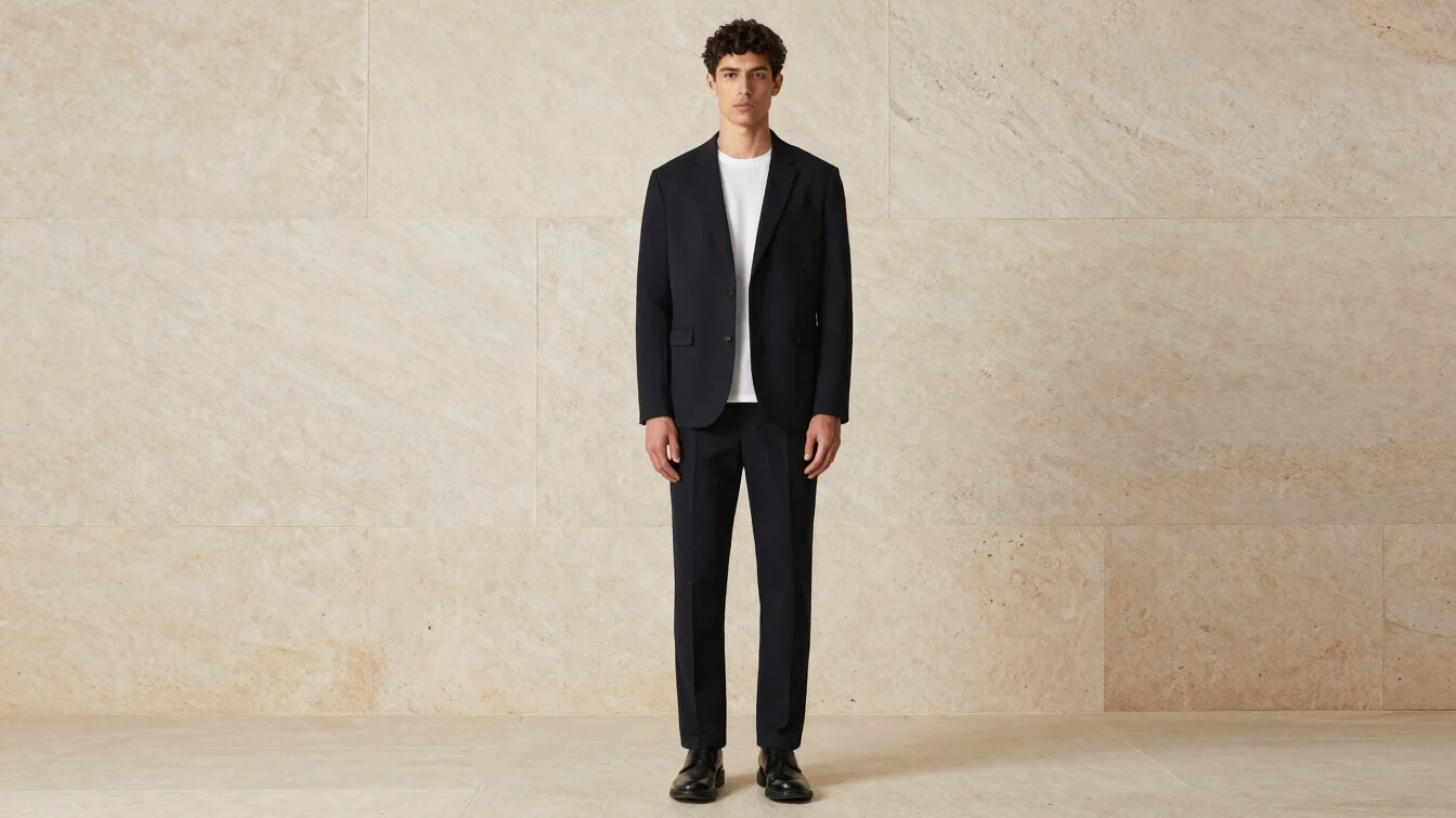 Editorial fashion photograph of a full men's outfit on a neutral
